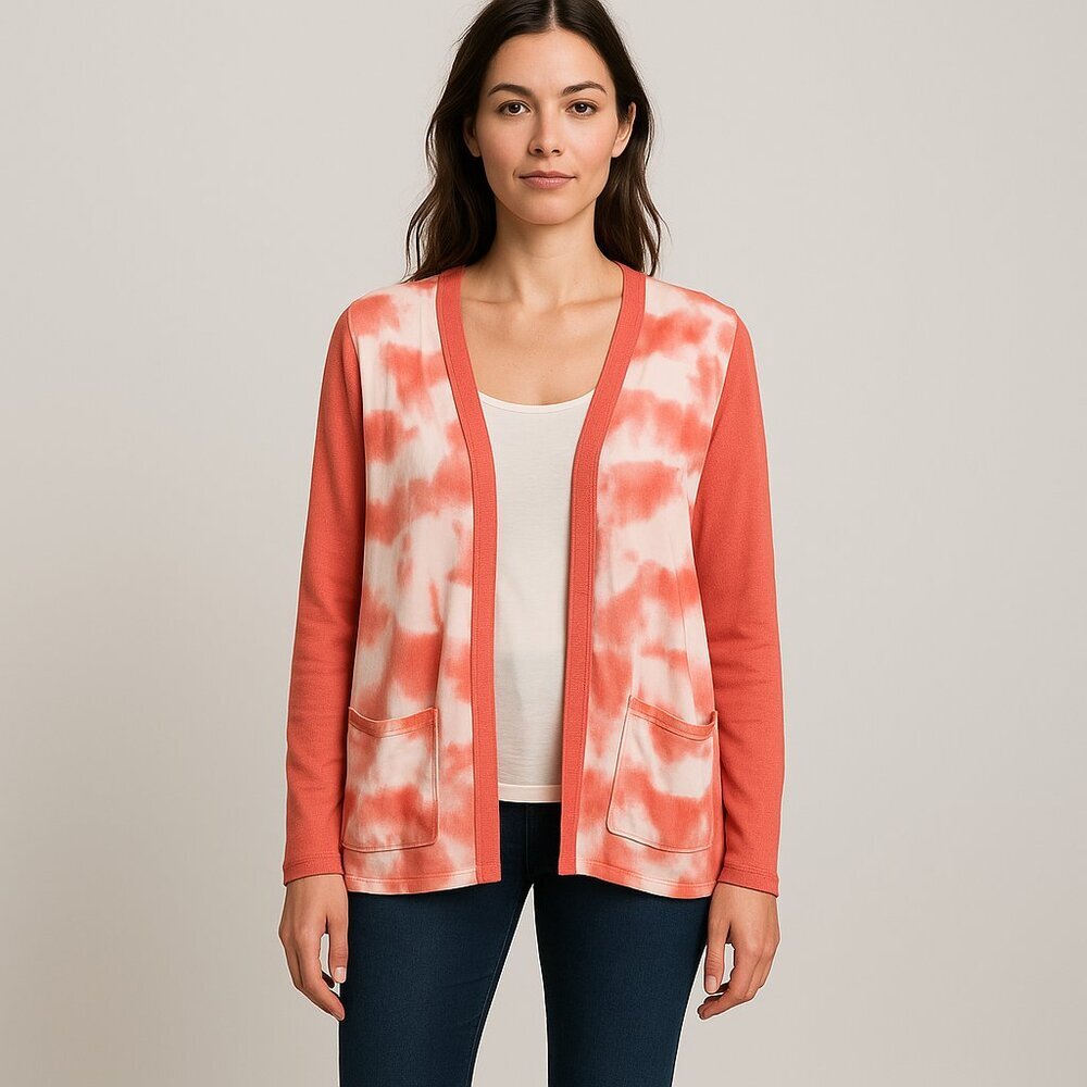 2/$30 Chico's Chiffon Open Cardigan Watercolor Coral Orange White 12 #1573